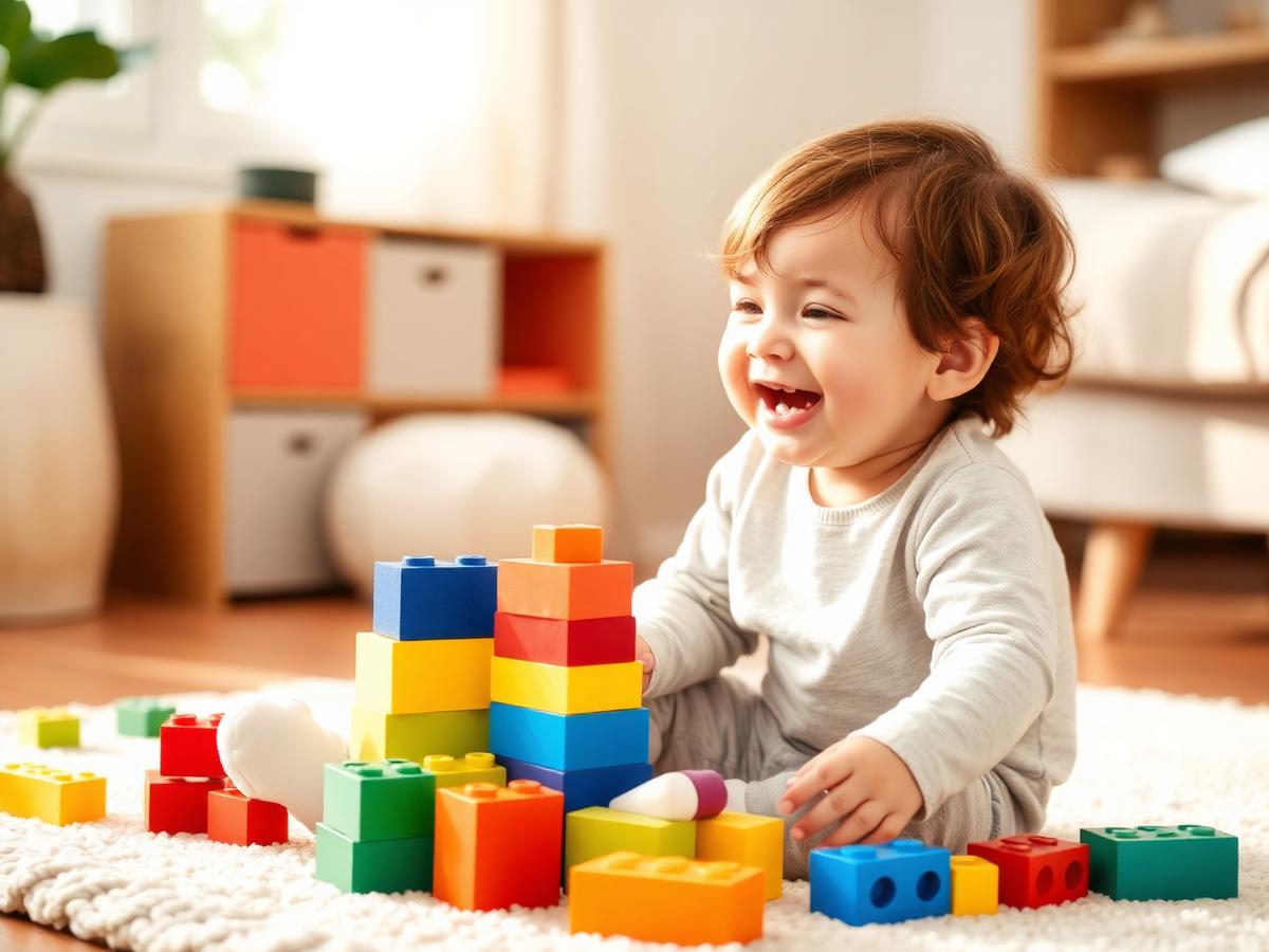 A child laughing while playing with colorful blocks